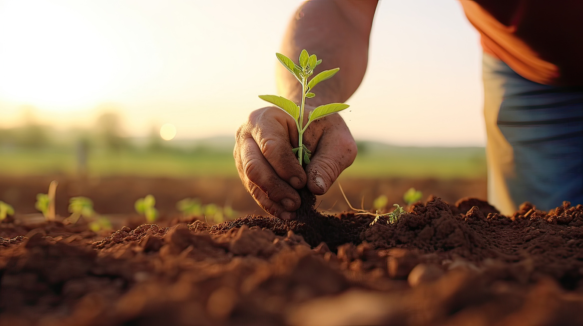 Close - up Shot of a Farmer's Hands Planting a Seedling in a Regenerative Agriculture Field. Regenerative Agriculture: Farmer's Hands Planting Seedling in Field.